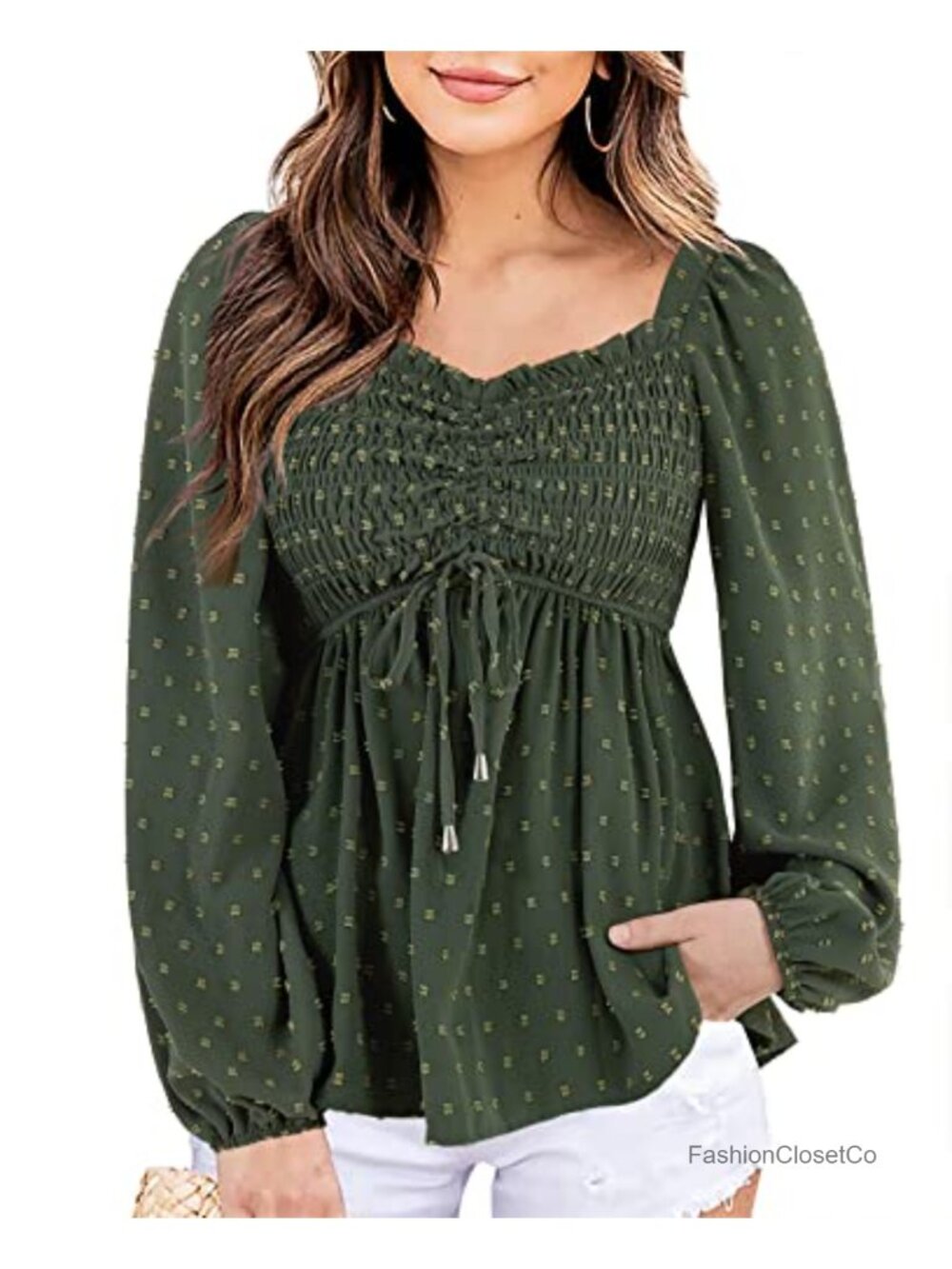 V Neck Smocked Peplum Top Balloon Long Sleeve Swiss Dot Ruched Blouse